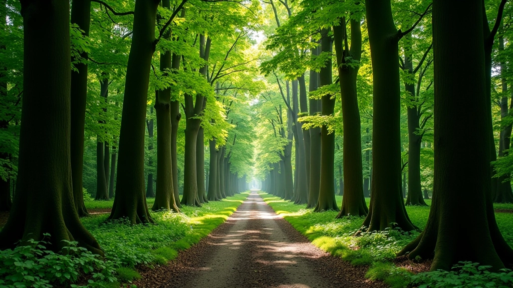Dense forest interior with natural woodland floor, sunlight filtering through thick tree canopy, peaceful quiet atmosphere, no crowds visible