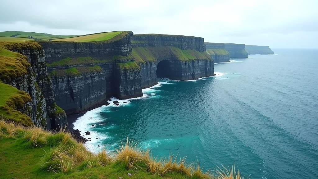 Dramatic coastal cliffs along the Wild Atlantic Way with crashing waves below and green vegetation
