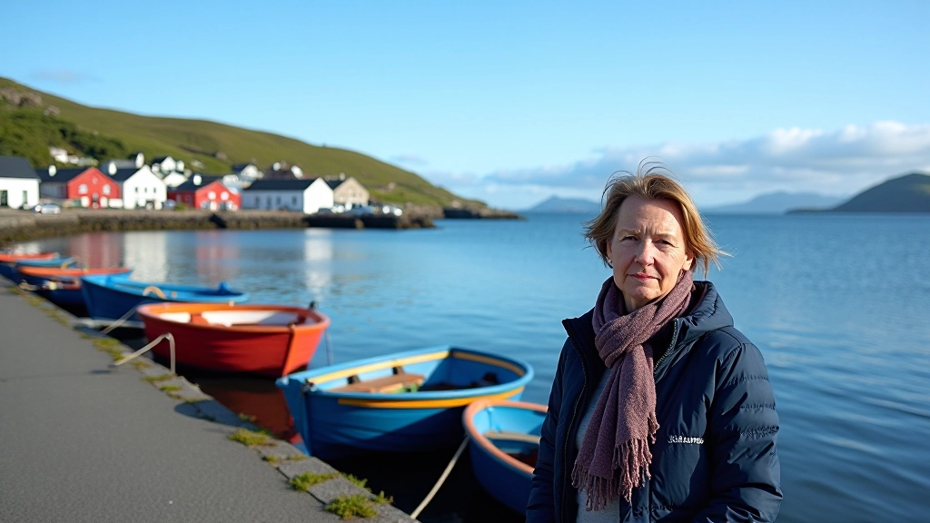 Dunquin Pier with colorful boats and Blasket Islands visible in the distance across turquoise water