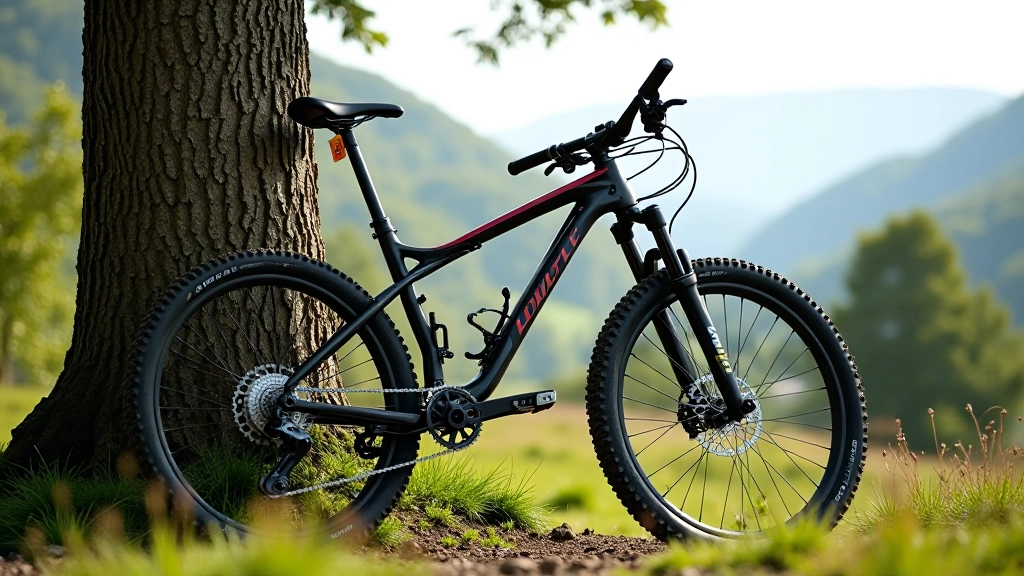 Full suspension mountain bike leaning against tree with trail and mountains visible in background
