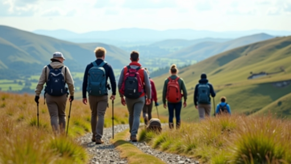 Hikers enjoying a scenic mountain trail with Irish countryside views