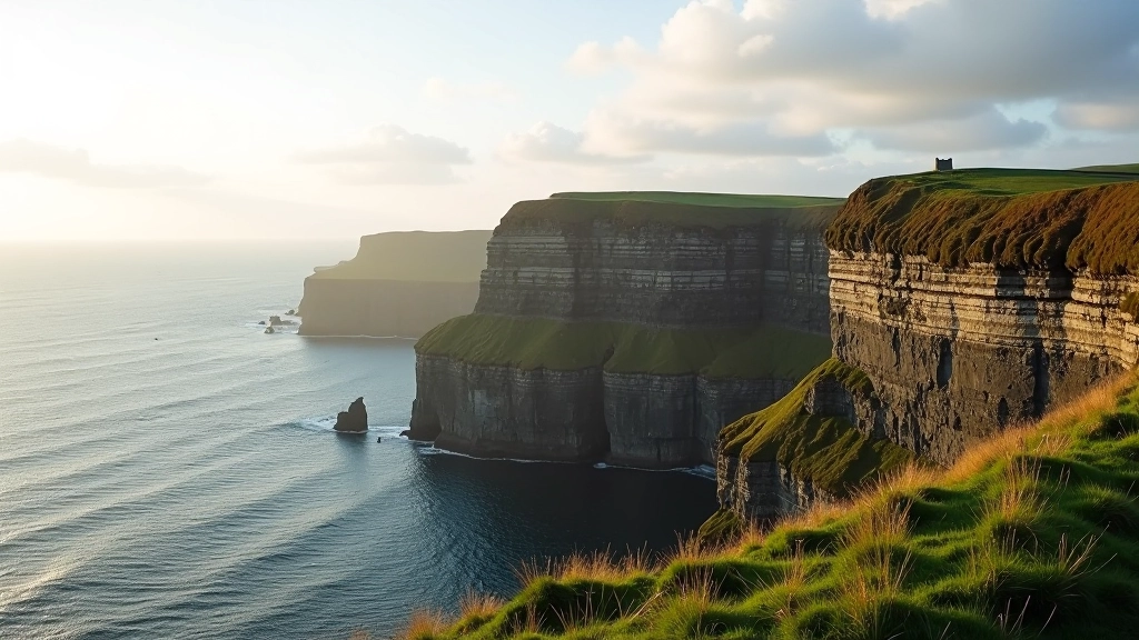 Moher cliffs landscape showing steep sandstone formations rising 214 meters with O'Brien's Tower visible at the top