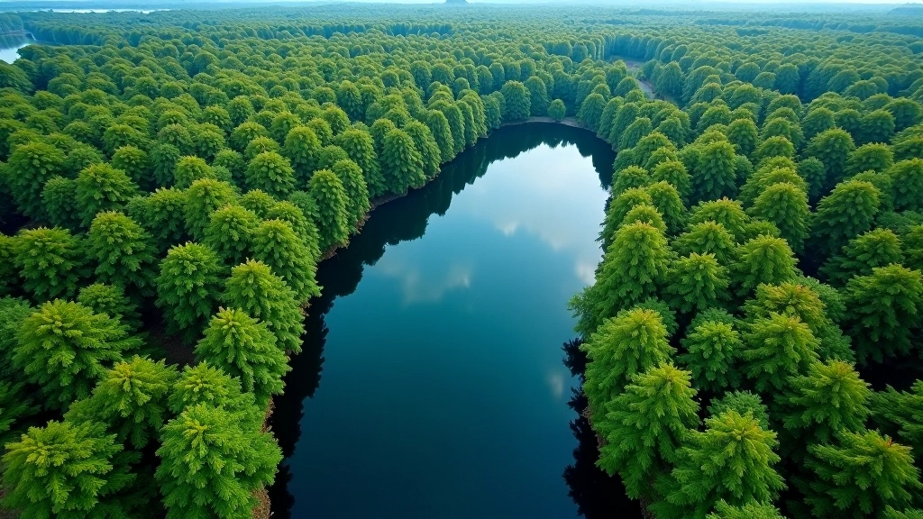 Lough Key Forest Park aerial view showing blue water surrounded by dense green forest with trails winding through trees