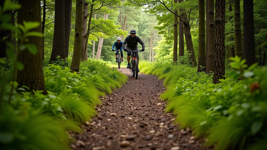 Mountain bike trail in Wicklow with single track winding through forest and riders on terrain
