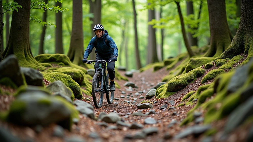 Close-up of rocky trail surface with natural stone formations and dirt path through mountain forest