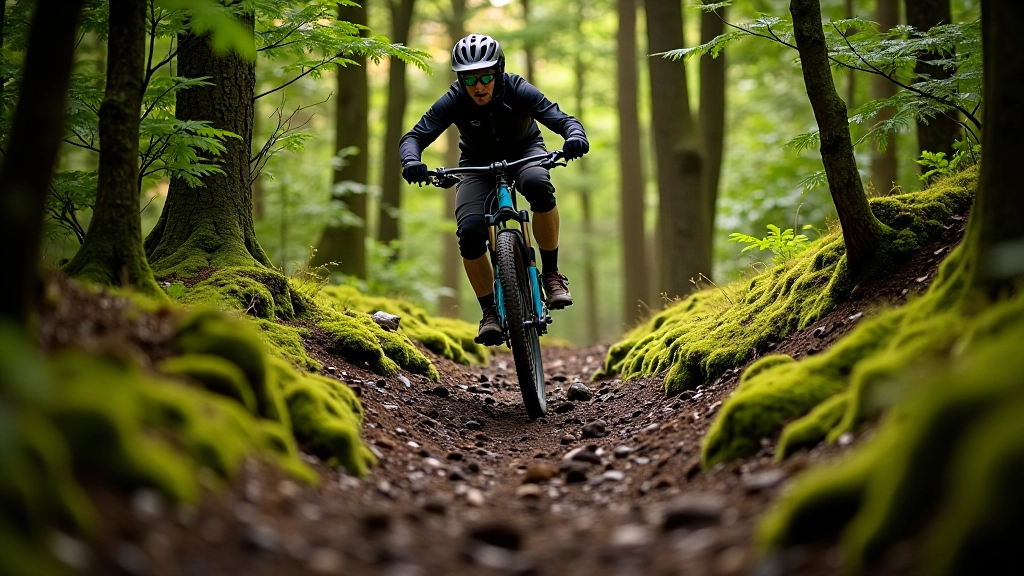 Mountain biker riding on technical rocky trail through Wicklow forest with steep descents
