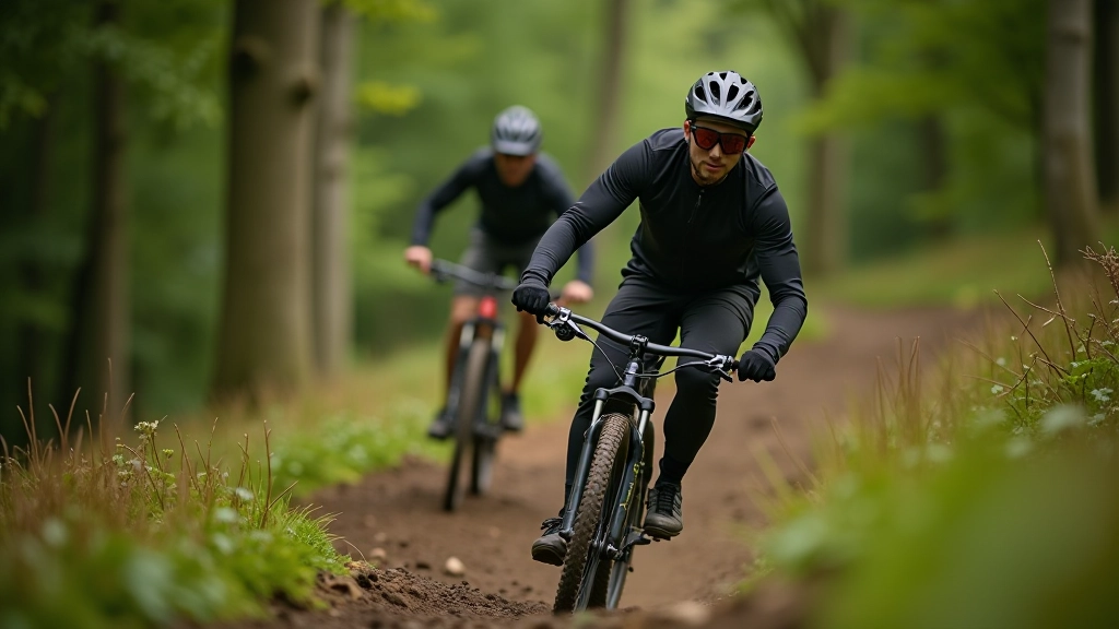 Mountain biker in protective gear riding downhill on technical trail with forest surroundings