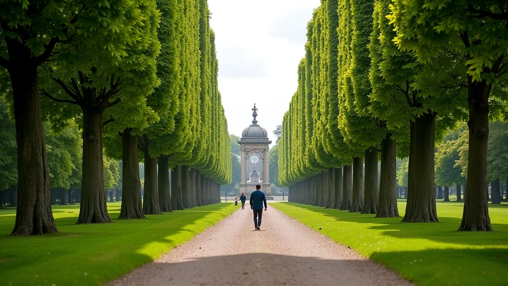 Phoenix Park Dublin with tree-lined paths and people walking near historical monuments