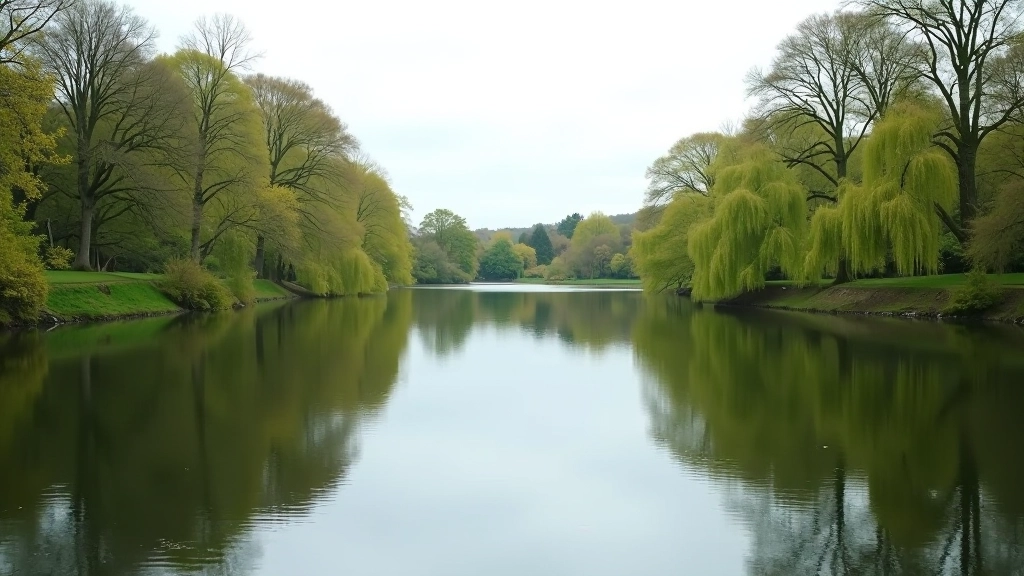 Serene lake view in Phoenix Park with water reflections, surrounding woodland, park benches for resting, peaceful natural setting
