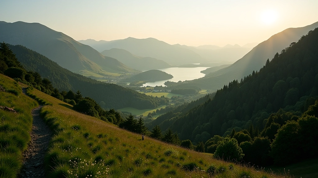 Scenic hiking trail with green mountains and lake view in Irish countryside