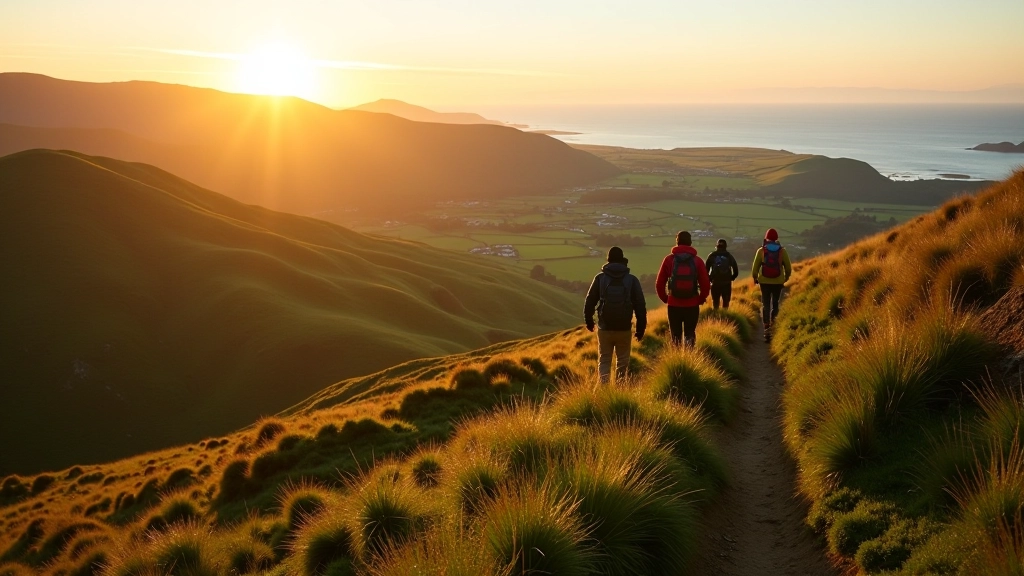 Stunning Irish mountain trail with green valleys and distant coastal views