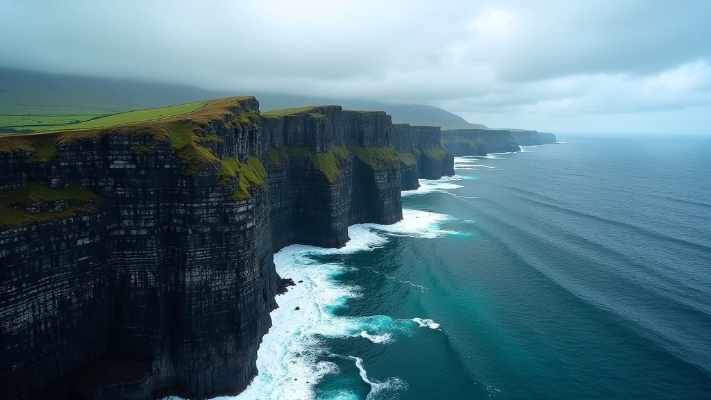 Aerial view of Sléive League sea cliffs in Donegal, showing dramatic 600-meter cliff face dropping to the Atlantic Ocean below
