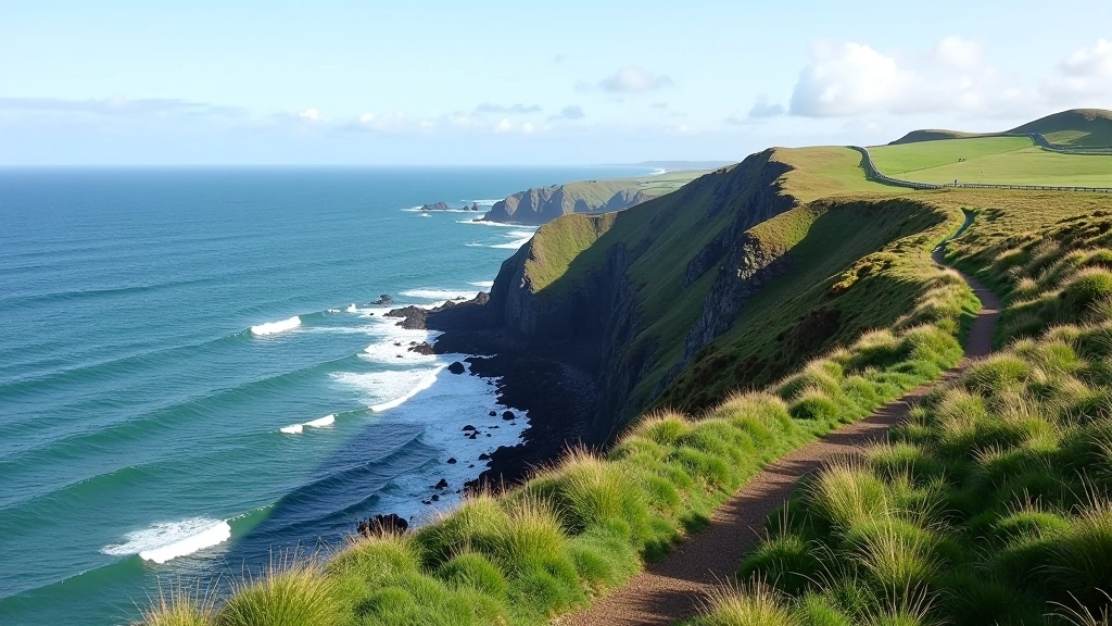 Wild Atlantic Way coastal cliffs with ocean waves and coastal hiking path along rocky headland