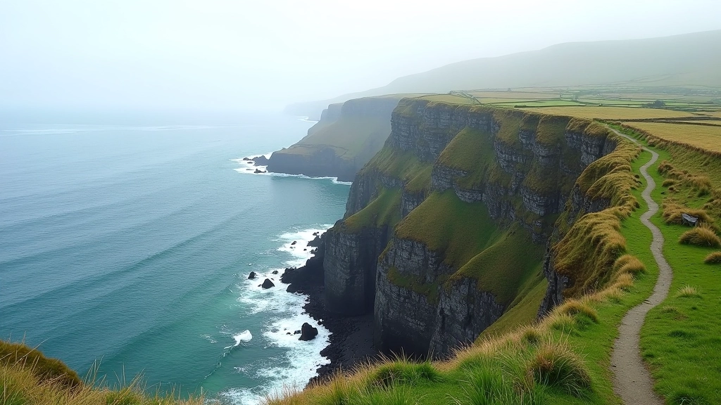 Wild Atlantic Way coastal cliffs and ocean path along Irish west coast
