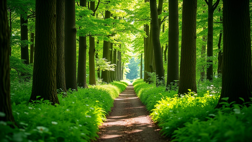 Forest path at Lough Key winding between tall pine and oak trees with dappled sunlight filtering through canopy, spring green undergrowth visible on both sides