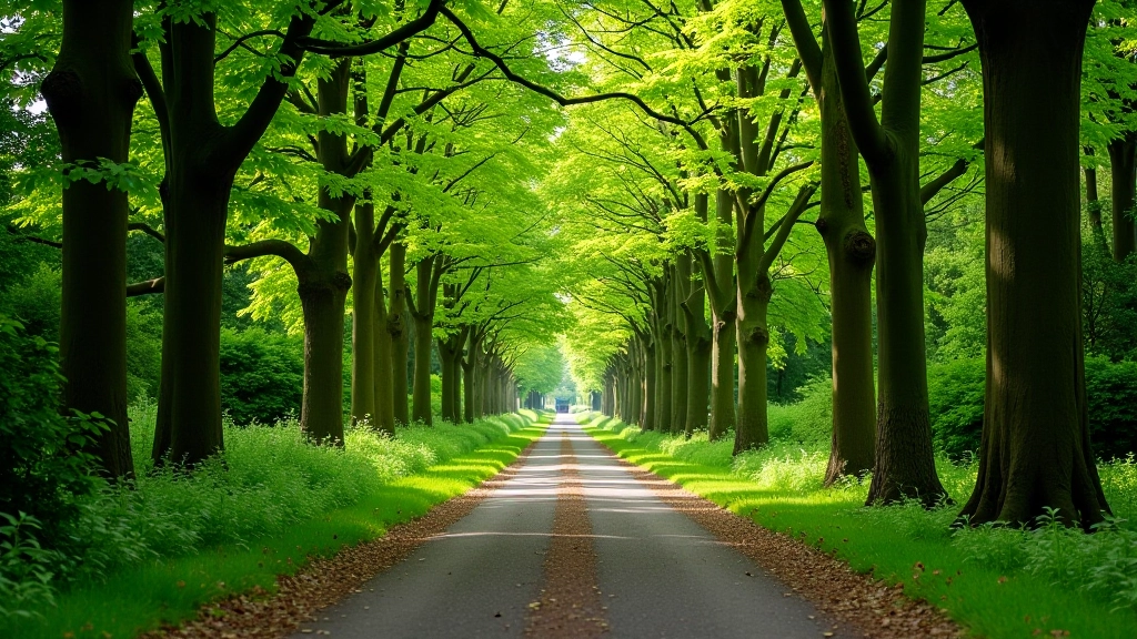 Wide woodland path in Phoenix Park with mature trees forming natural canopy, sunlight filtering through leaves, flat terrain suitable for walking